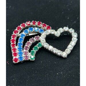 Vintage  Heart  Rainbow Rhinestones Pin Brooch 1.75"